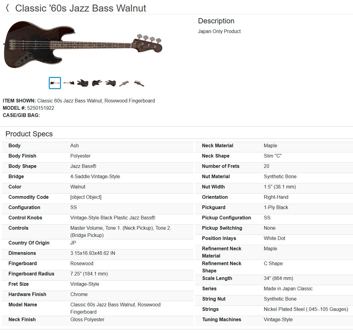 Fender Japan-Only Classic 60's Jazz Bass 2016 - Walnut