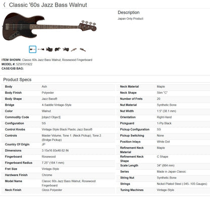 Fender Japan-Only Classic 60's Jazz Bass 2016 - Walnut