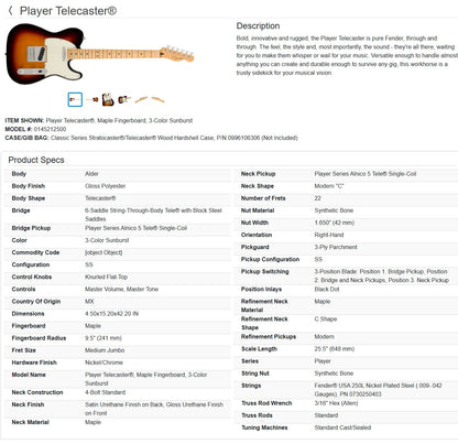 Fender Player Telecaster with Maple Fretboard 2020 - 3-Color Sunburst