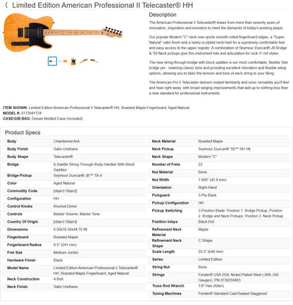 Fender American Professional II Sandblasted Telecaster HH 2025 - Aged Natural
