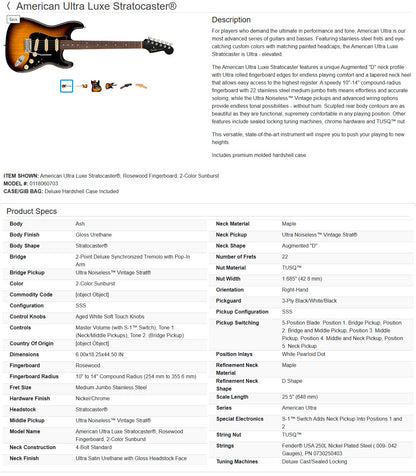 Fender American Ultra Luxe Stratocaster with Rosewood Fretboard 2024 - 2-Color Sunburst