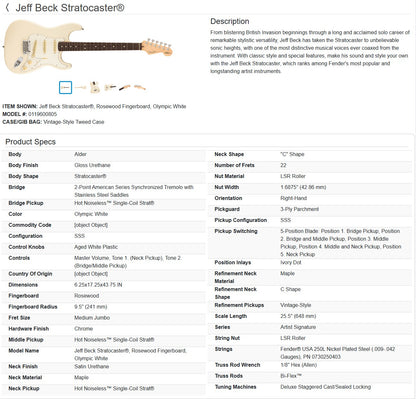 Fender Jeff Beck Artist Series Stratocaster with Hot Noiseless Pickups 2005 - Olympic White